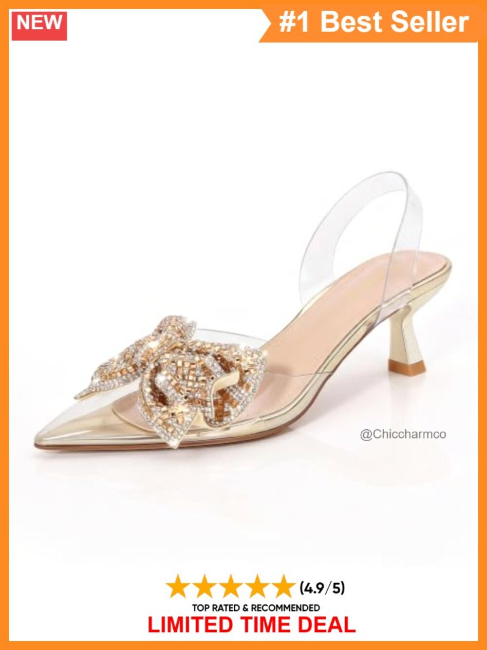Crystal Bow Clear Slingback Pointed Toe Kitten Heel Pumps